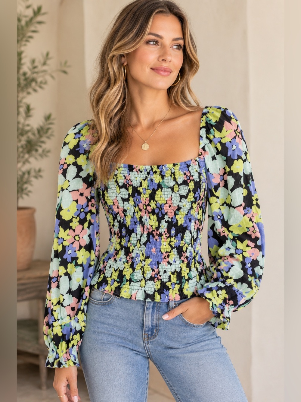Free People Ariana Smocked Floral Puff Sleeve Top Retro Combo Square Neck Small